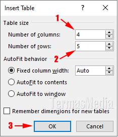 گزینه های موجود در insert table