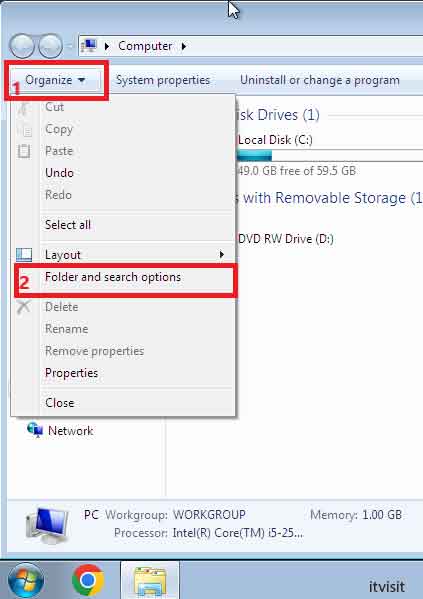 باز کردن فایل اکسپلور و رفتن به گزینه Organize و  Folder and serche options