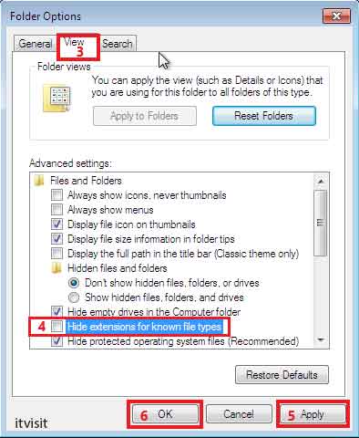 گزینه View و برداشتن تیک گزینه Hide extensions for known file types سپس apply و ok
